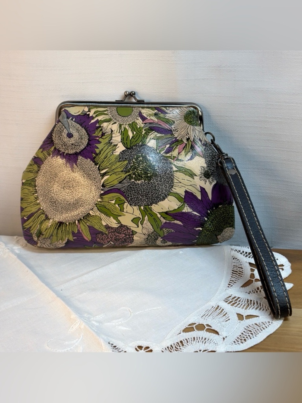 Patricia Nash Purple Green Floral Kiss-Lock Wristlet
